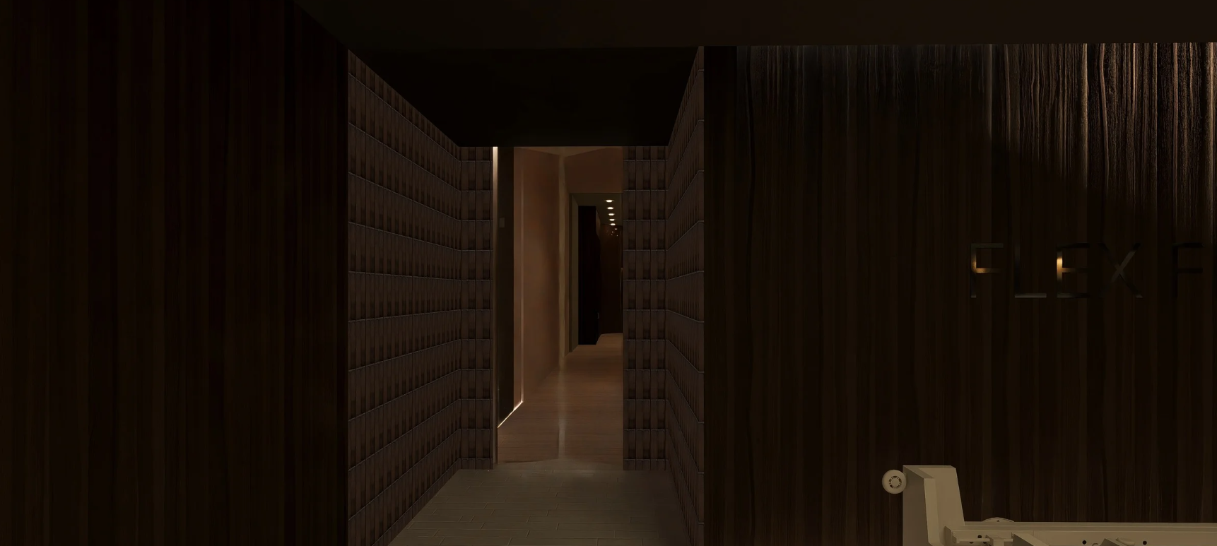 FlexFit back hallway with architectural wordmark on dark walnut wall