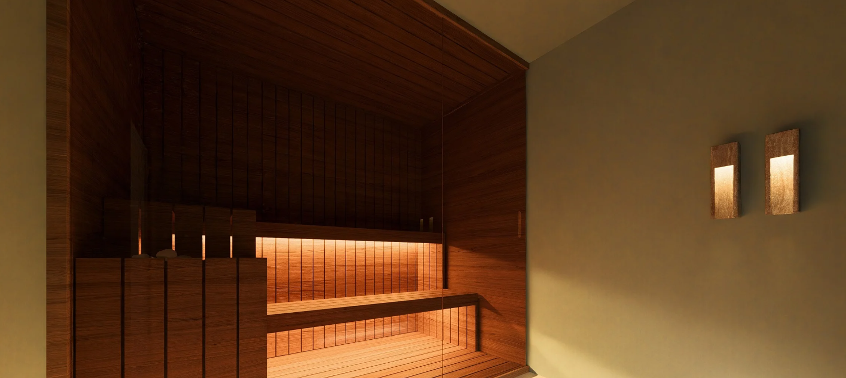 Infrared sauna interior with cedar wood and warm under-bench lighting